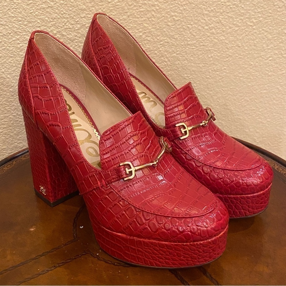 SAM EDELMAN Women Red Leather Aretha Bit Platform Loafer Pumps Size 6